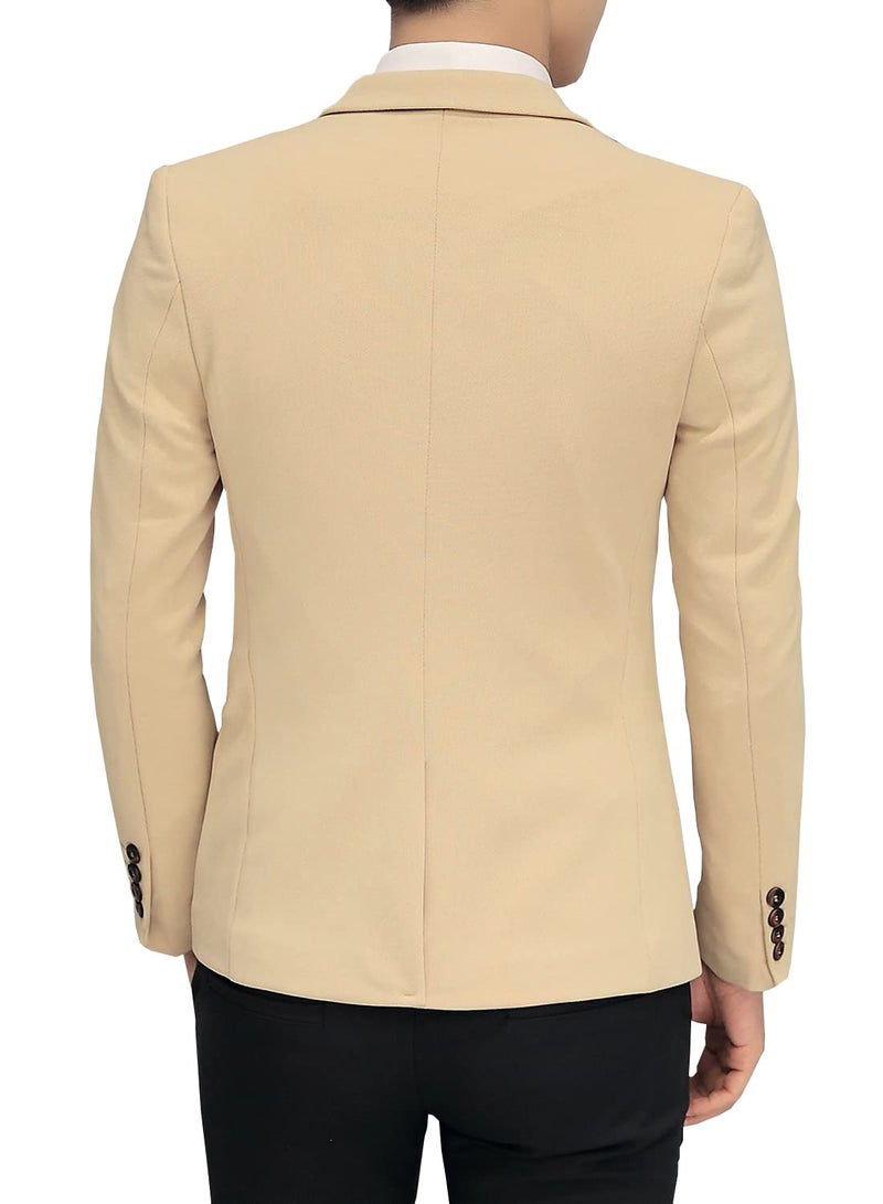 DAVID.ANN Men's Slim Fit Suits Casual One Button Flap Pockets Solid Blazer Jacket,Khaki,Large - Image 3
